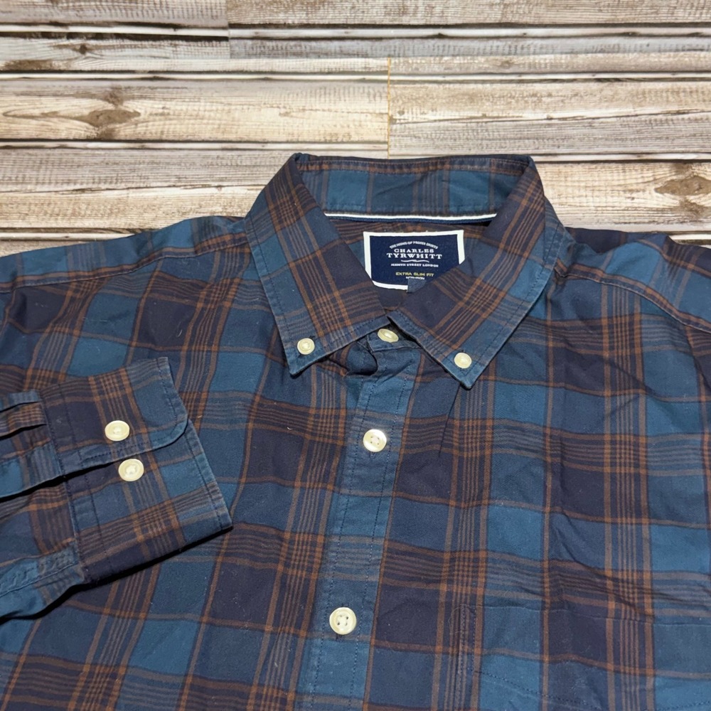 Charles Tyrwhitt Button Down Shirt Mens Large Blue Plaid Extra Slim Fit Non-Iron